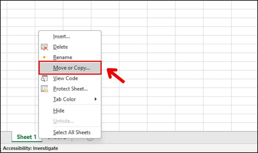 Copy sheet trong Excel bằng chuột phải
