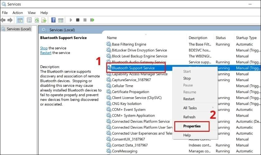 Kéo chuột xuống để tìm dịch vụ Bluetooth Support Service
