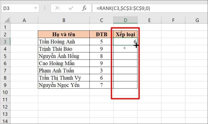 Thao t&aacute;c tương tự với c&aacute;c &ocirc; c&ograve;n lại trong cột Xếp hạng