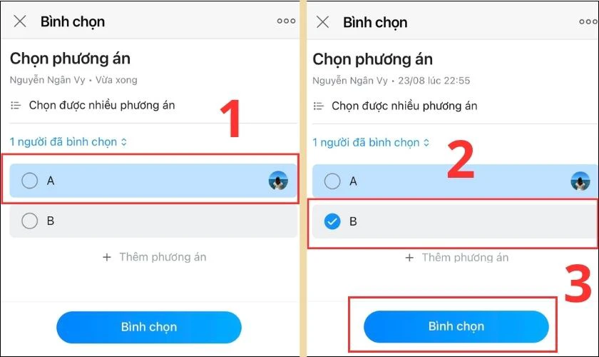 Nhấn lại một lần nữa vào bình chọn cũ, chọn lại phương án khác và nhấn Bình chọn