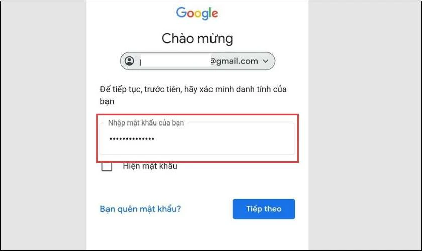 Nhập lại mật khẩu Google trước đ&acirc;y