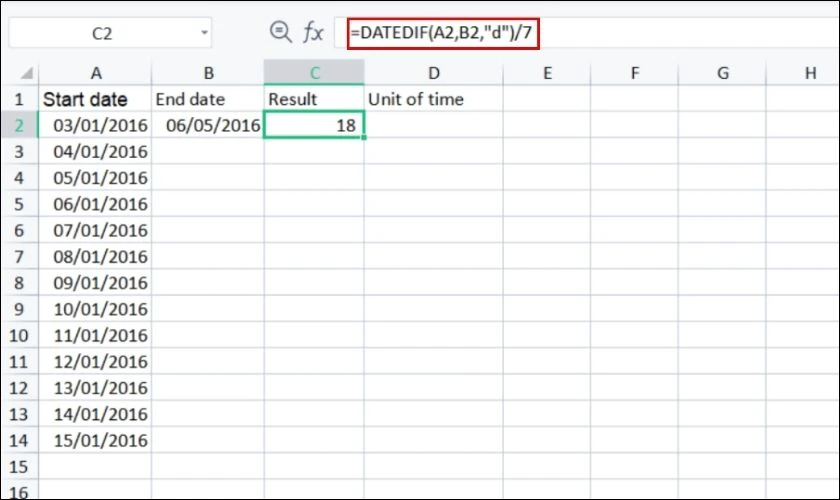 Công thức tính số tuần chênh lệch với hàm DATEDIF trong Excel