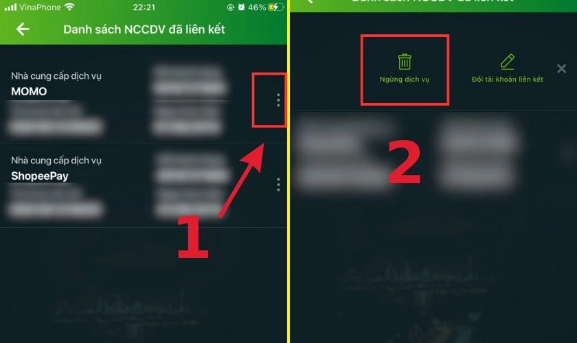 Nhấn chọn biểu tượng 3 dấu chấm v&agrave; chọn mục Ngừng dịch vụ