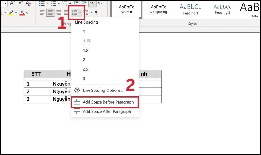 Chọn Add Space Before Paragraph để căn chính giữa ô theo chiều dọc