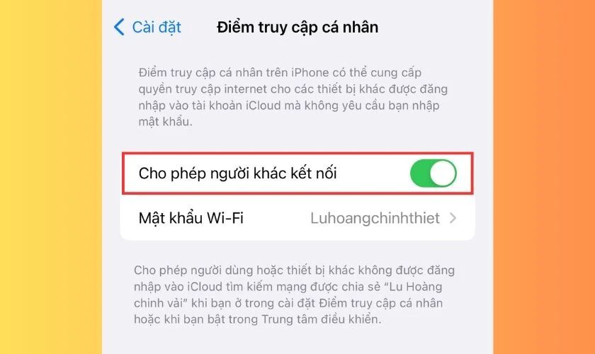 Gạt xanh n&uacute;t Cho ph&eacute;p người kh&aacute;c kết nối