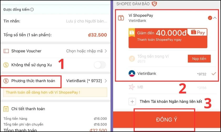Ở mục Phương thức thanh to&aacute;n bạn chọn V&iacute; ShopeePay