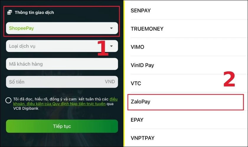 Nhấn v&agrave;o để chọn ZaloPay
