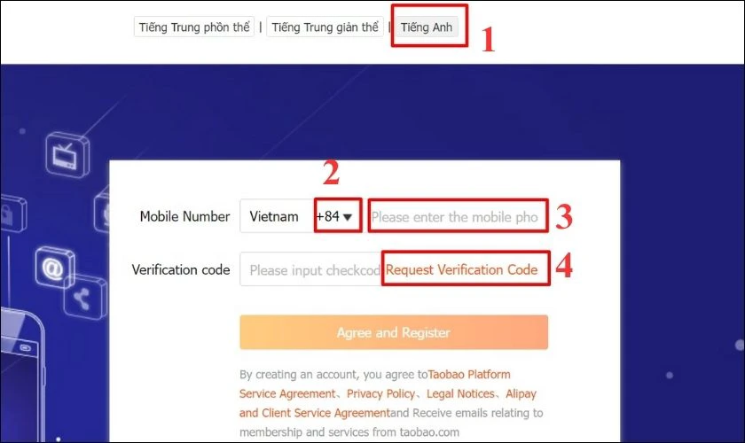 Chọn m&atilde; v&ugrave;ng, nhập số điện thoại v&agrave; nhấn Request Verification Code