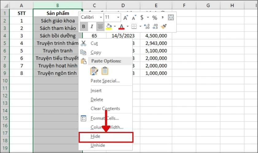 Tiếp đến chọn Hide để ẩn cột