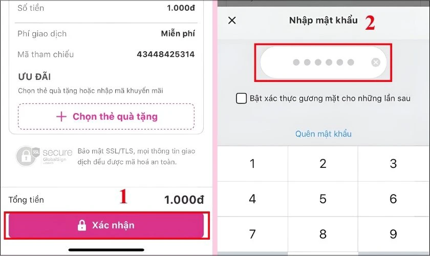 Nhấn X&aacute;c nhận v&agrave; nhập mật khẩu