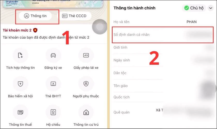 Chọn mục Thông tin vào mục Số định danh cá nhân