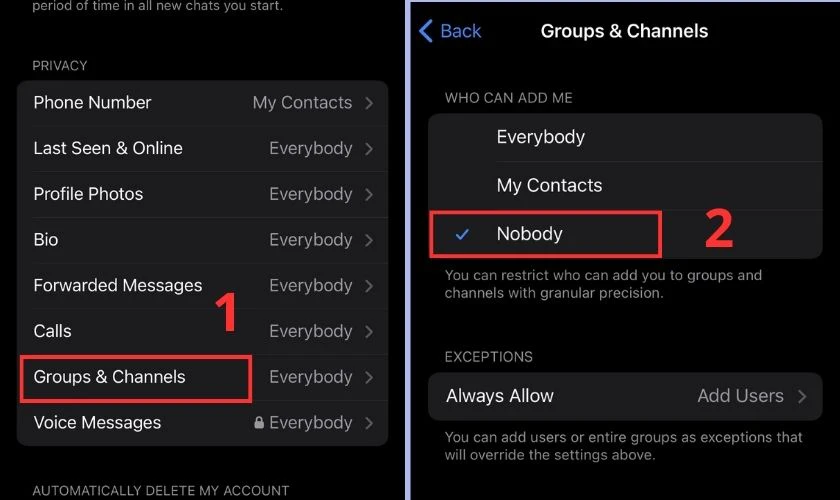 Như vậy l&agrave; bạn đ&atilde; th&agrave;nh c&ocirc;ng ngăn người kh&aacute;c th&ecirc;m bạn v&agrave;o c&aacute;c hội nh&oacute;m tr&ecirc;n Telegram rồi