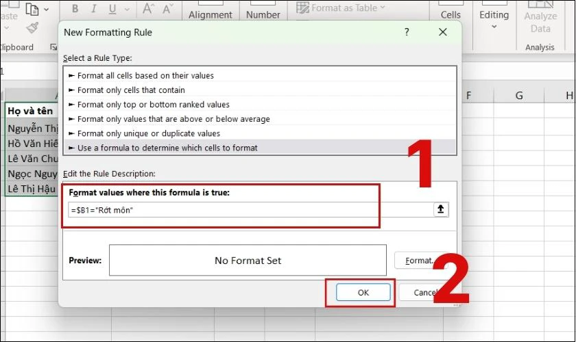 Nhập điều kiện gạch ngang giữa chữ trong Excel