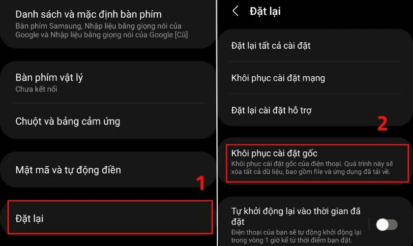 Chọn mục Đặt lại, tiếp theo chọn Khôi phục cài đặt gốc