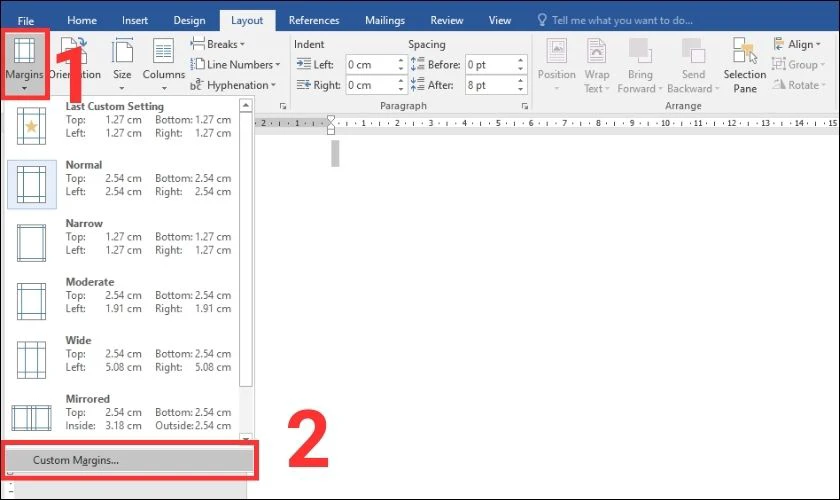Chọn Custom Margins để chỉnh sửa lề của trang b&igrave;a 
