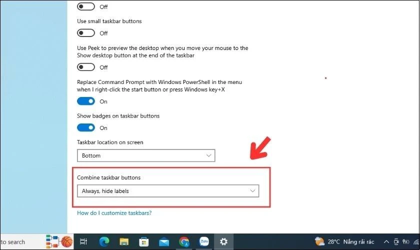 Tìm và mục Combine taskbar buttons