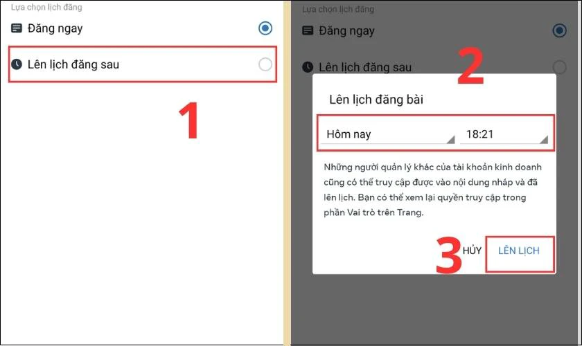 Chọn mục L&ecirc;n lịch đăng sau, lựa chọn thời gian ph&ugrave; hợp v&agrave; nhấn L&ecirc;n lịch