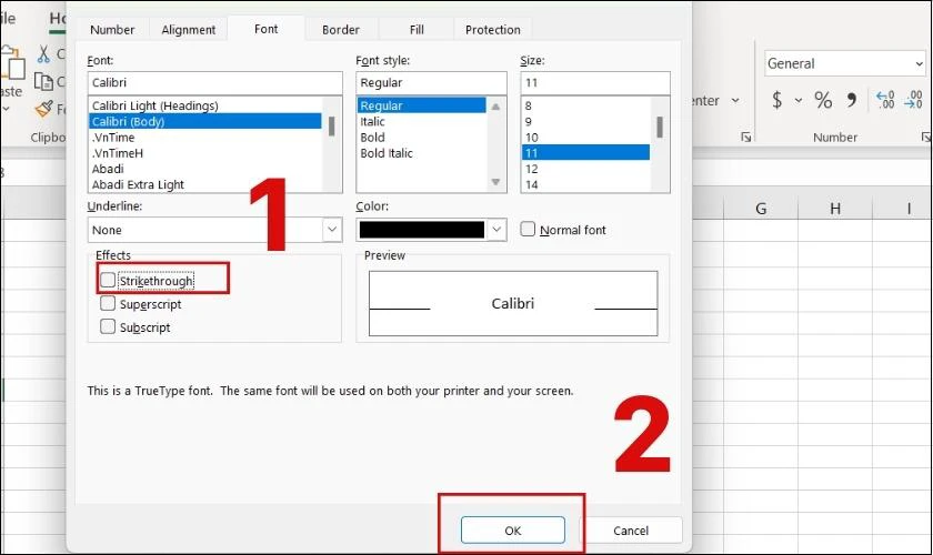 Bỏ chọn Strikethrough để bỏ gạch ngang chữ trong Excel