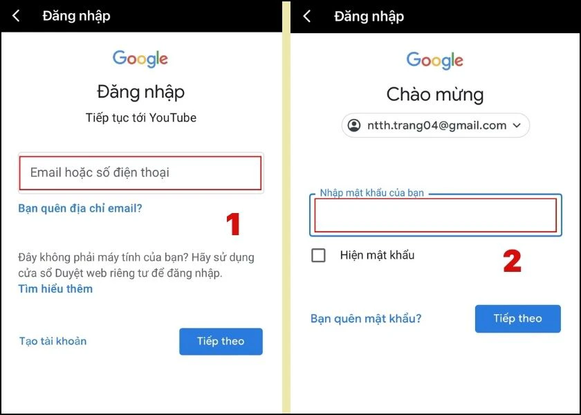 Bạn g&otilde; T&agrave;i khoản Gmail v&agrave; Mật khẩu để đăng nhập