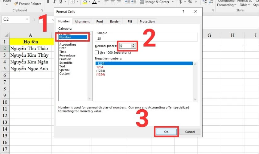 Tại mục Decimal places nhập số 0 và nhấn OK