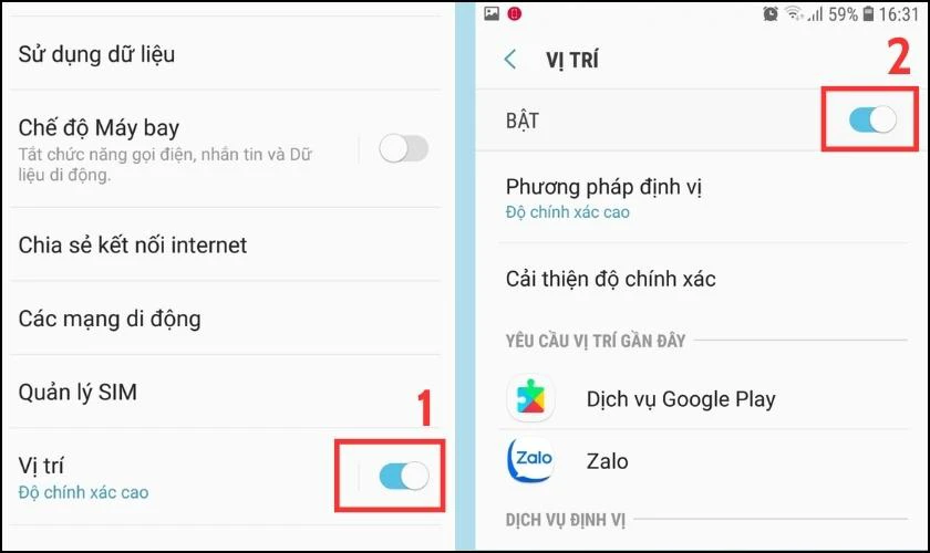 Bạn t&ugrave;y chọn Bật hoặc Tắt trong Vị tr&iacute;