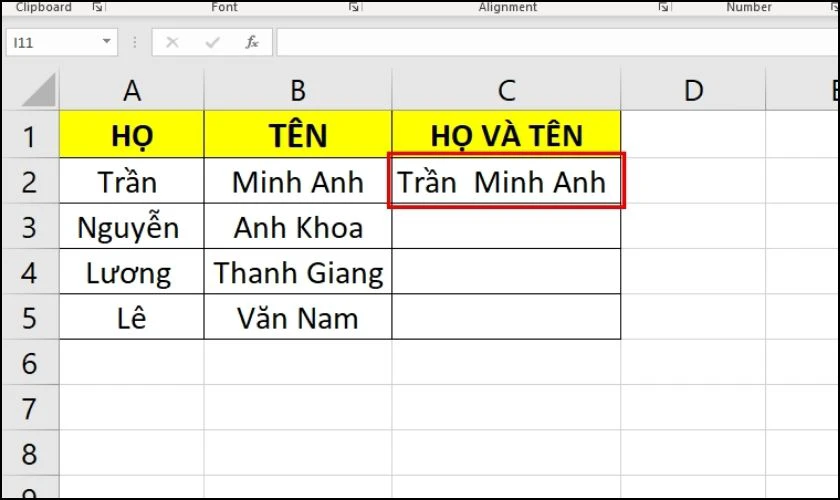 Kết quả sau khi nối dữ liệu các cột
