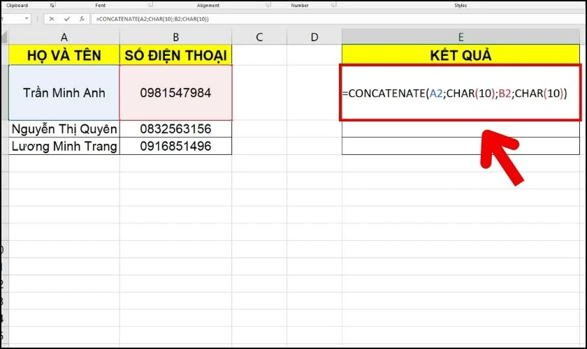Nhập công thức hàm CONCATENATE có điều kiện vào ô