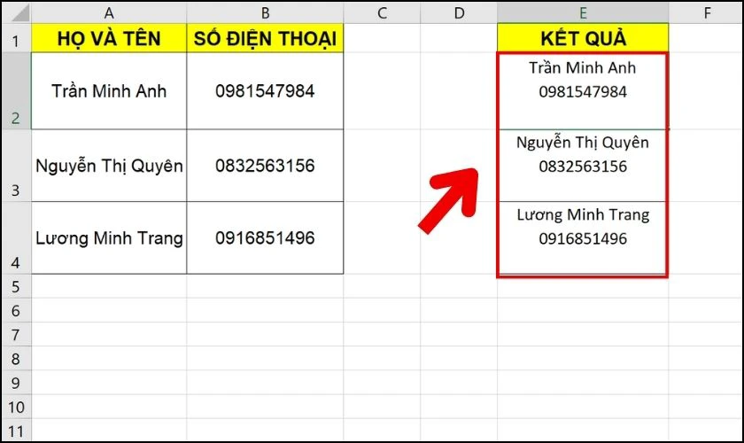 Kết quả trả về sau khi sử dụng hàm CONCATENATE có điều kiện