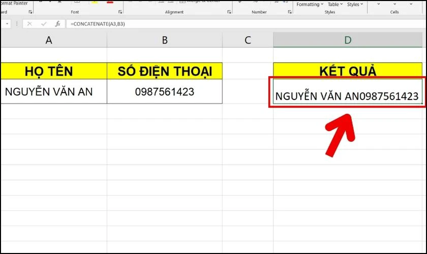 Kết quả sau khi nhập hàm CONCATENATE có điều kiện để nối từ