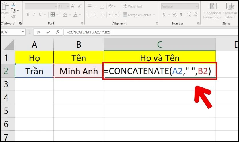 Hướng dẫn dùng hàm CONCATENATE có điều kiện để nối từ bằng ký tự đặc biệt