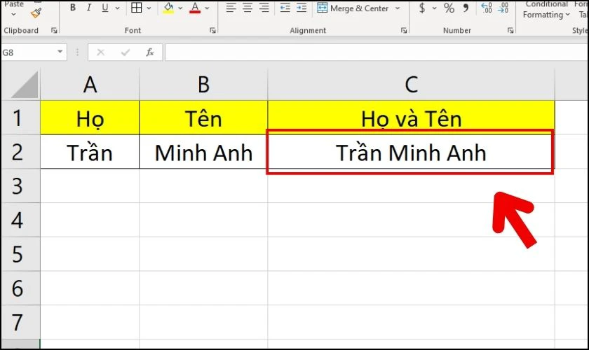 Kết quả sau khi nhập hàm CONCATENATE có điều kiện để nối từ với ký tự đặc biệt