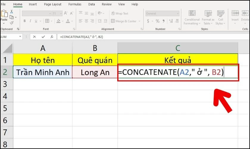 Hướng dẫn dùng hàm CONCATENATE để nối thêm ký tự