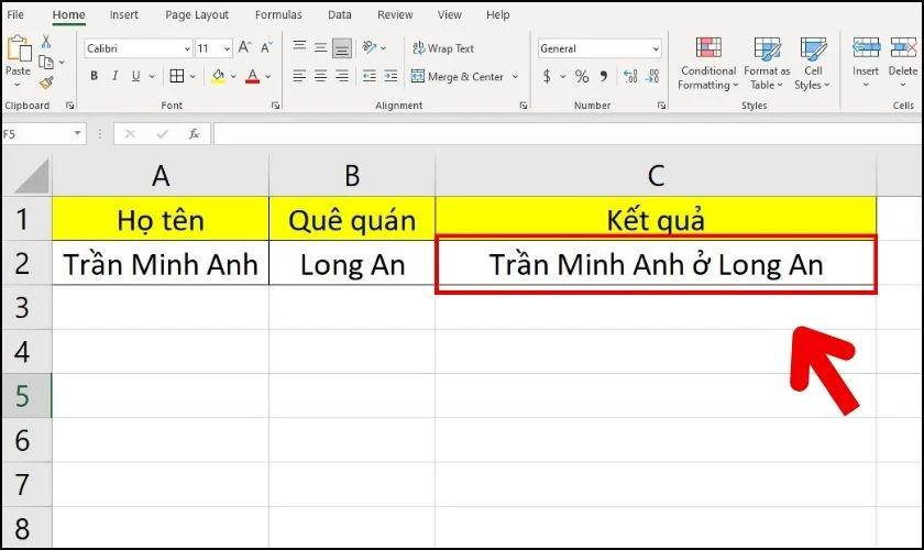 Kết quả sau khi nối ký tự vào văn bản