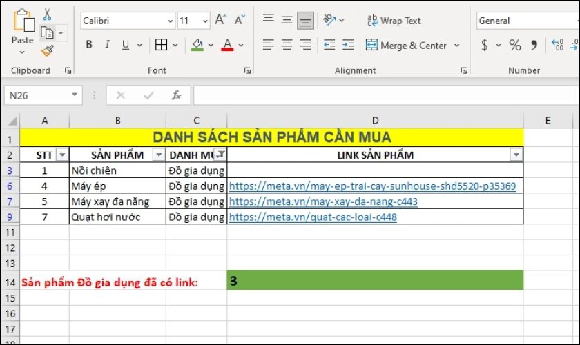Kết quả thu được khi dùng hàm SUBTOTAL đếm số ô được lọc