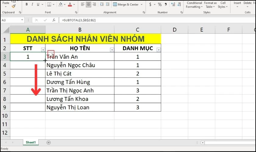 Thực hiện đánh số thứ tự trong bảng dữ liệu