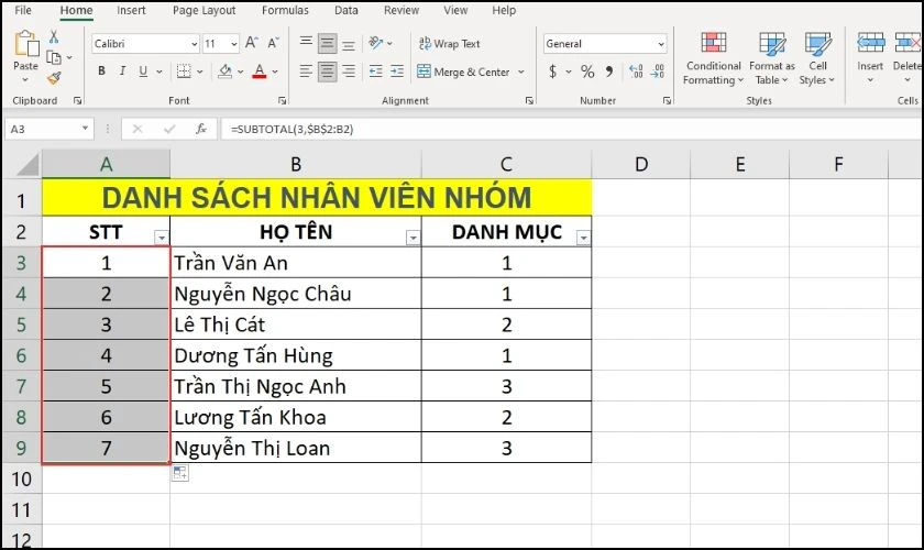 Kết quả sau khi thực hiện đánh số thứ tự trong bảng