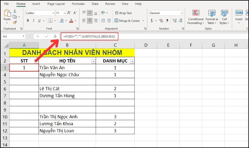 Kết hợp hàm Subtotal và hàm IF