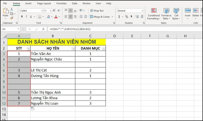 Nhập công thức hàm Subtotal và hàm IF