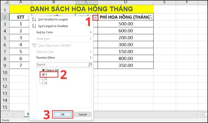 Thực hiện lọc dữ liệu có trong cột