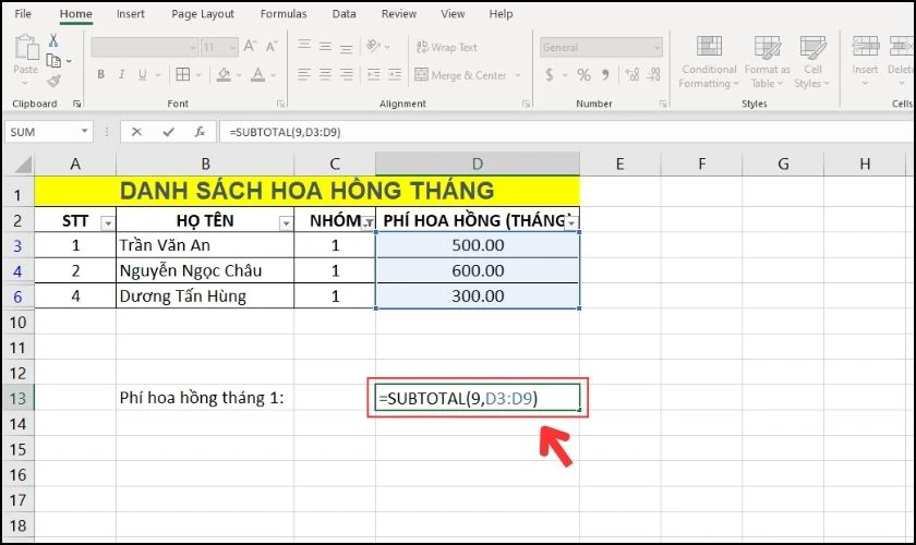 Sử dụng công thức hàm SUBTOTAL