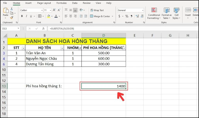 Kết quả sau khi sử dụng hàm SUBTOTAL