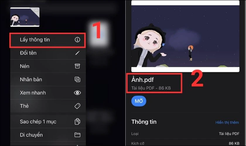 Chọn mục Lấy thông tin là hoàn tất cách tạo file pdf trên điện thoại