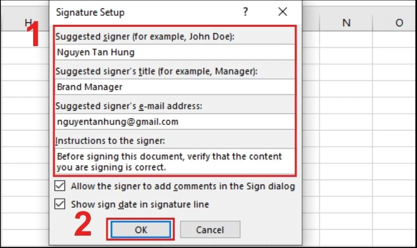 Nhập các mục thông tin chữ ký