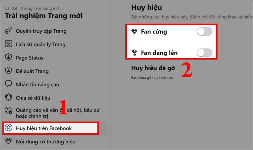 Chọn mục Huy hiệu trên Facebook và gạt bật huy hiệu Fan cứng