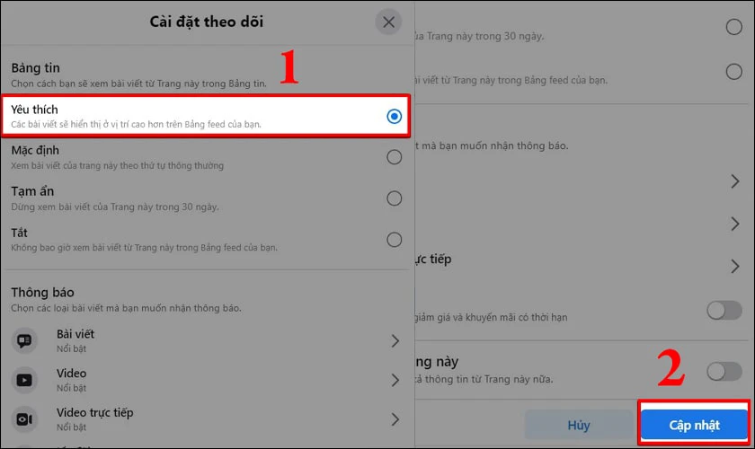 Cài đặt theo dõi thành Yêu thích và chọn Cập nhật