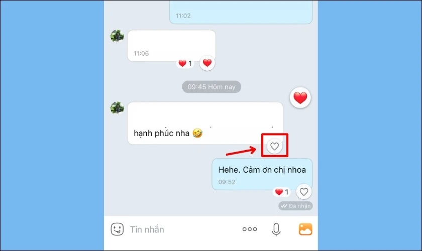 Nhấn vào biểu tượng trái tim ở dưới đoạn tin nhắn