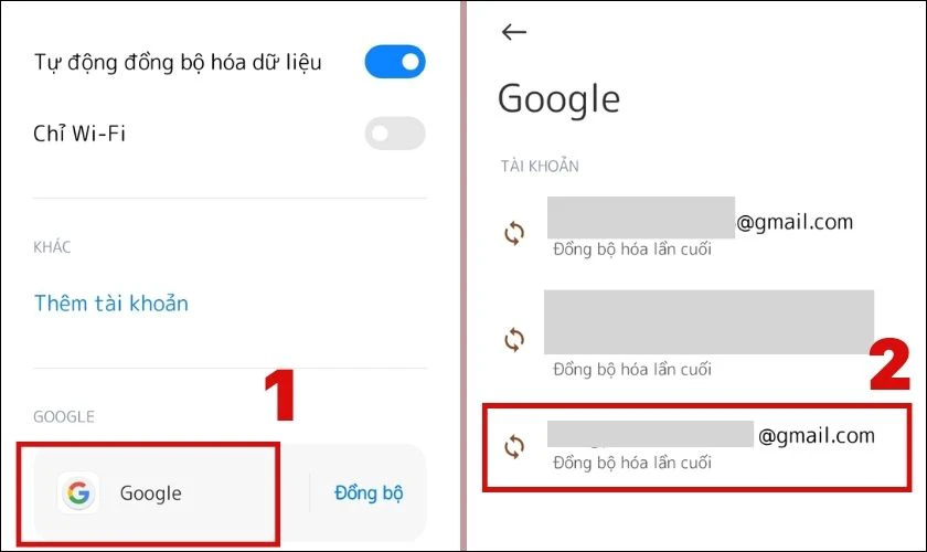 Nhấn v&agrave;o Google tr&ecirc;n m&agrave;n h&igrave;nh v&agrave; chọn địa chỉ email muốn xo&aacute;