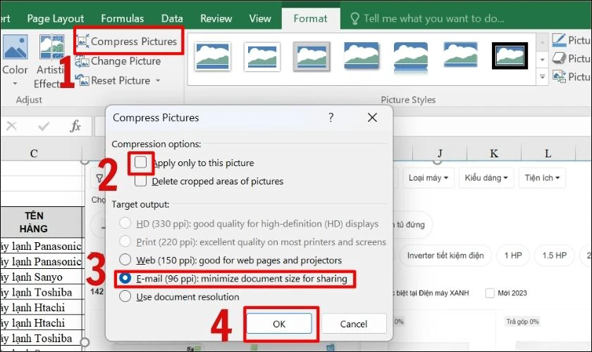 N&eacute;n ảnh để giảm dung lượng file Excel