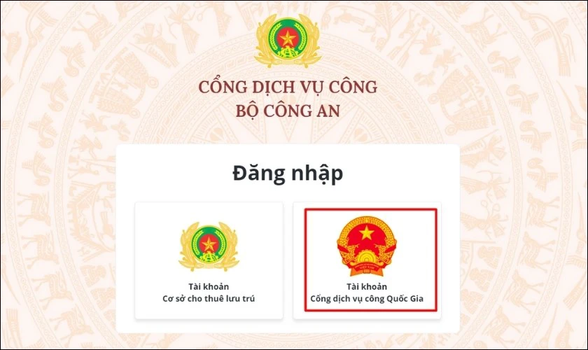 Lựa chọn đăng nhập bằng Tài khoản Cổng dịch vụ công quốc gia