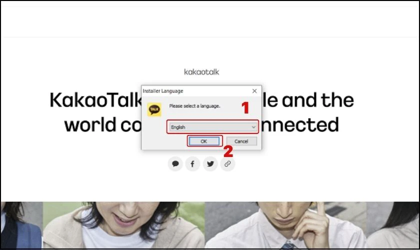 Bạn chọn ng&ocirc;n ngữ ph&ugrave; hợp v&agrave; bấm OK để tải Kakao Talk về m&aacute;y t&iacute;nh